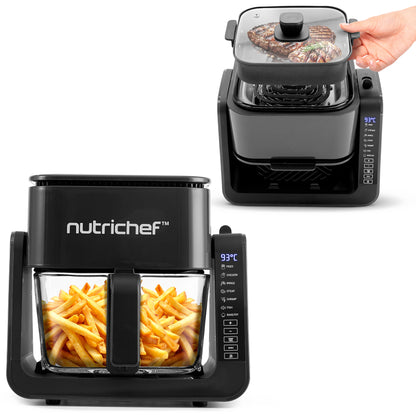 Elektrische heteluchtfriteuse en grill van 1500 W met glazen pan van 4 l, 7-in-1-functies, groot digitaal bedieningspaneel, timer, temperatuurweergave en veiligheidsmicroschakelaar (zwart) - NCAF538TB