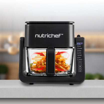 Elektrische heteluchtfriteuse en grill van 1500 W met glazen pan van 4 l, 7-in-1-functies, groot digitaal bedieningspaneel, timer, temperatuurweergave en veiligheidsmicroschakelaar (zwart) - NCAF538TB