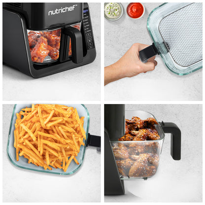 Elektrische heteluchtfriteuse en grill van 1500 W met glazen pan van 4 l, 7-in-1-functies, groot digitaal bedieningspaneel, timer, temperatuurweergave en veiligheidsmicroschakelaar (zwart) - NCAF538TB