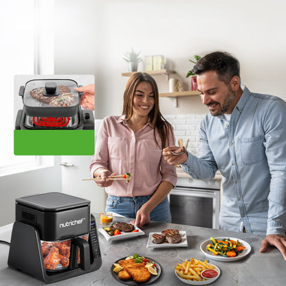 Elektrische heteluchtfriteuse en grill van 1500 W met glazen pan van 4 l, 7-in-1-functies, groot digitaal bedieningspaneel, timer, temperatuurweergave en veiligheidsmicroschakelaar (zwart) - NCAF538TB