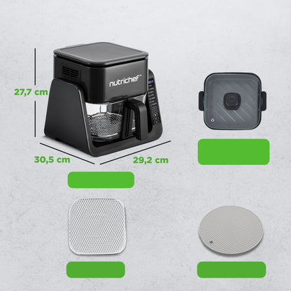 Elektrische heteluchtfriteuse en grill van 1500 W met glazen pan van 4 l, 7-in-1-functies, groot digitaal bedieningspaneel, timer, temperatuurweergave en veiligheidsmicroschakelaar (zwart) - NCAF538TB