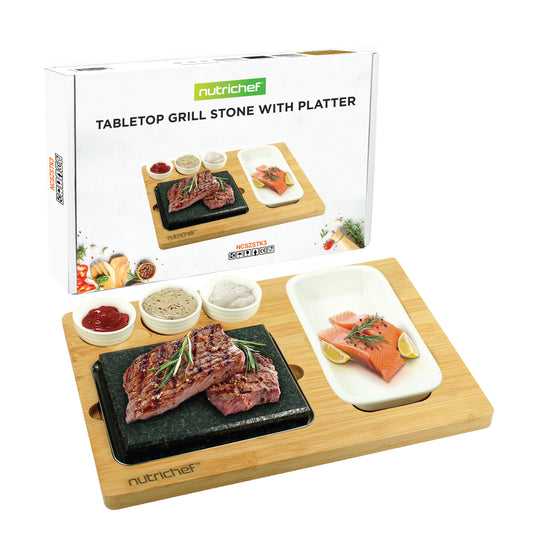 Zestaw do gotowania na gorącym kamieniu Sizzle – grill stołowy z bambusową tacą, ceramicznymi miseczkami na sos i stalową tacą – NCSZSTK3