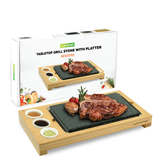 Zestaw do gotowania na gorącym kamieniu Sizzle – grill stołowy z bambusową tacą, ceramicznymi miseczkami na sos i stalową tacą – NCSZSTK2