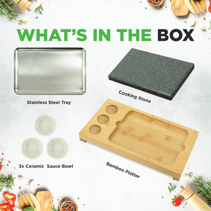 Sizzle Hot Stone Cooking Set - Tabletop Grill With Bamboo Platter Ceramic Sauce Bowls And Stainless Steel Tray - NCSZSTK2