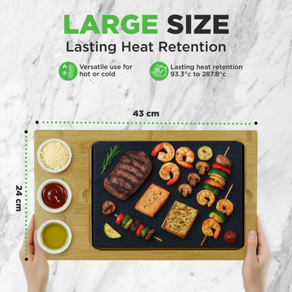 Sizzle Hot Stone Cooking Set - Tabletop Grill With Bamboo Platter Ceramic Sauce Bowls And Stainless Steel Tray - NCSZSTK2