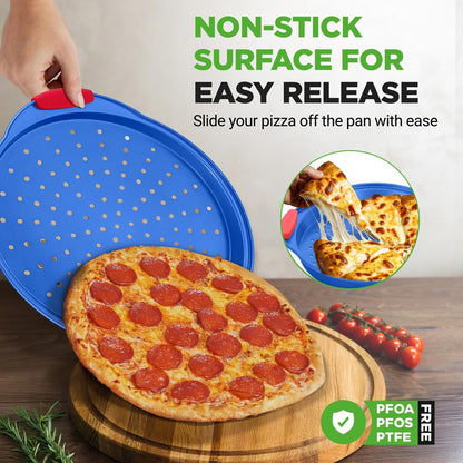 Nepriľnavý plech na pizzu – luxusný modrý nepriľnavý povrch zvnútra aj zvonka s červenými silikónovými rukoväťami, kompatibilný s modelmi: Ncsbsbl8 Ncsbsbl10 (modrý) – BKNCSBSBL8PIZZAP