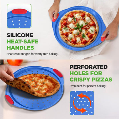 Nepriľnavý plech na pizzu – luxusný modrý nepriľnavý povrch zvnútra aj zvonka s červenými silikónovými rukoväťami, kompatibilný s modelmi: Ncsbsbl8 Ncsbsbl10 (modrý) – BKNCSBSBL8PIZZAP