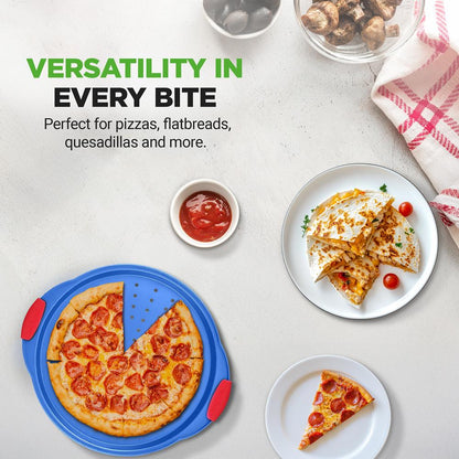 Nepriľnavý plech na pizzu – luxusný modrý nepriľnavý povrch zvnútra aj zvonka s červenými silikónovými rukoväťami, kompatibilný s modelmi: Ncsbsbl8 Ncsbsbl10 (modrý) – BKNCSBSBL8PIZZAP