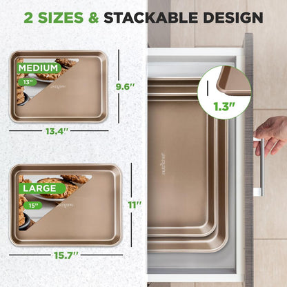 Non-stick-kakplåt | set med 2 stora och medelstora bakplåtar i metall för ugn – professionell kvalitet, non-stick-bakplåtar med upphöjda kanter, garanterat skeva – FDA-godkända. – NC2TRBK1