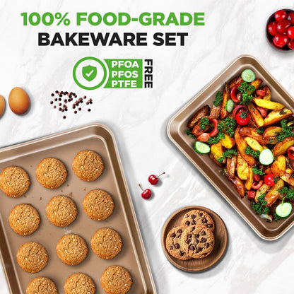 Non-stick-kakplåt | set med 2 stora och medelstora bakplåtar i metall för ugn – professionell kvalitet, non-stick-bakplåtar med upphöjda kanter, garanterat skeva – FDA-godkända. – NC2TRBK1