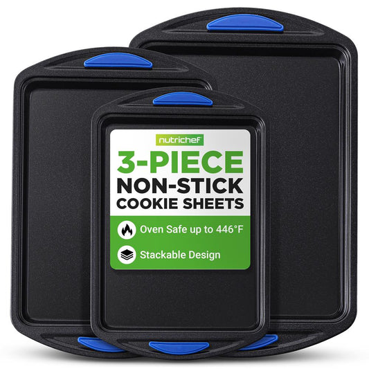 Set di teglie per biscotti antiaderenti da 3 pezzi - Acciaio al carbonio facile da pulire con manici blu - NCBK3S