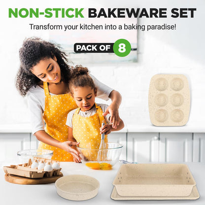 Bakvormenset, 8-delig, antiaanbaklaag, stapelbaar, koolstofstaal, marmercrème – NCBKSTK11