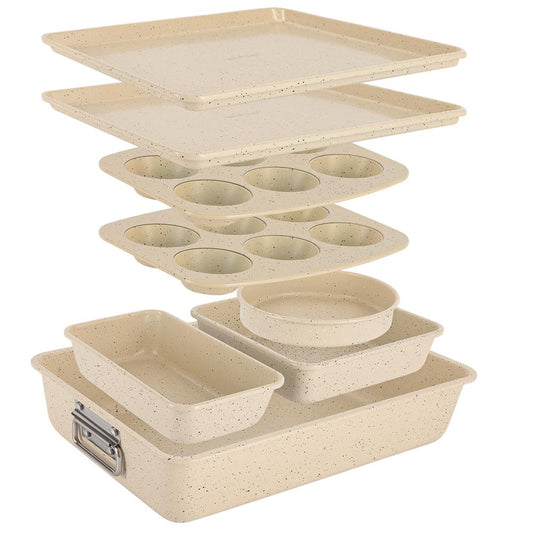 Set di teglie da forno antiaderenti da 8 pezzi, impilabili, in acciaio al carbonio color crema marmorizzato - NCBKSTK11