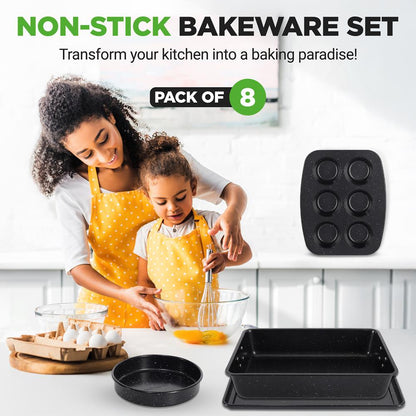 8-delars set med nonstick-bakformar, stapelbara, kolstål, svart marmor – NCBKSTK13