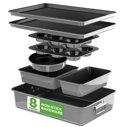 Bagesæt i 8 dele med nonstick-belægning – pladsbesparende kulstofstål, grå – NCBKSTK7