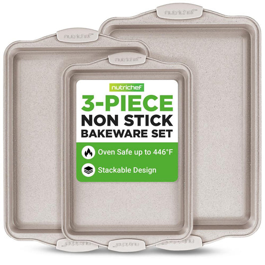 Set di teglie per biscotti antiaderenti da 3 pezzi, distribuzione uniforme del calore, in acciaio al carbonio color crema marmorizzato - NCBKT3CM