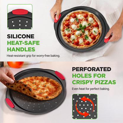 13-tuumainen tarttumaton pizzapelti – tasainen paistuminen, rei'itetty, hiiliterästä, harmaa – NCBPIZ1