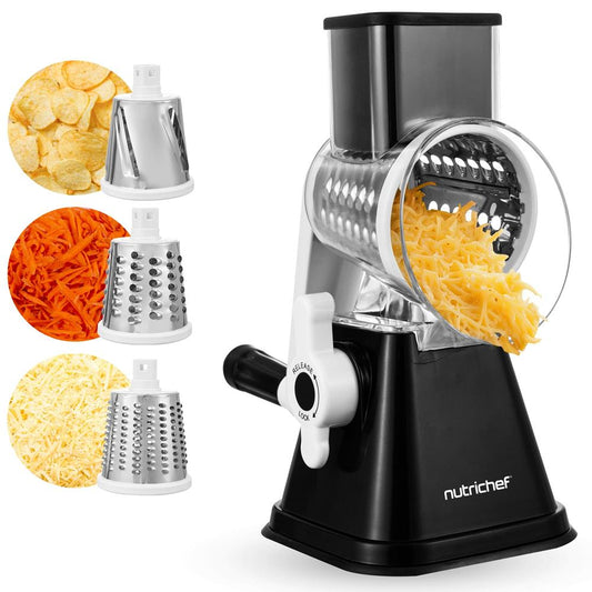 Rotary Cheese Grater With Handle And 3 Replaceable Drum Blades - Kitchen Mandoline Vegetable Slicer And Cheese Shredder (Black) - NCCHS3DRBK