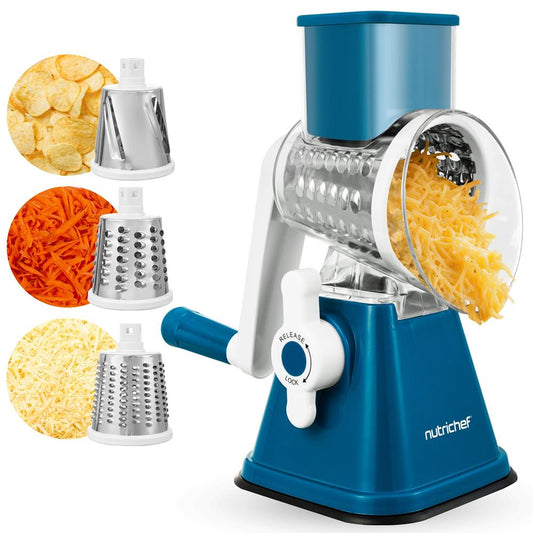 Rotary Cheese Grater With Handle And 3 Replaceable Drum Blades - Kitchen Mandoline Vegetable Slicer And Cheese Shredder (Blue) - NCCHS3DRBL