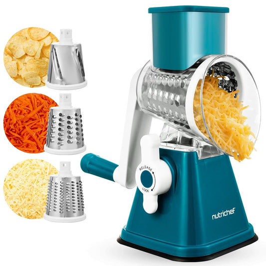 Rotary Cheese Grater With Handle And 3 Replaceable Drum Blades - Kitchen Mandoline Vegetable Slicer And Cheese Shredder (Green) - NCCHS3DRGN