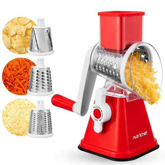 Rotary Cheese Grater With Handle And 3 Replaceable Drum Blades - Kitchen Mandoline Vegetable Slicer And Cheese Shredder (Red) - NCCHS3DRRD