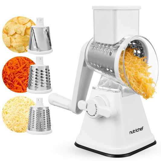 Rotary Cheese Grater With Handle And 3 Replaceable Drum Blades - Kitchen Mandoline Vegetable Slicer And Cheese Shredder (White) - NCCHS3DRWH