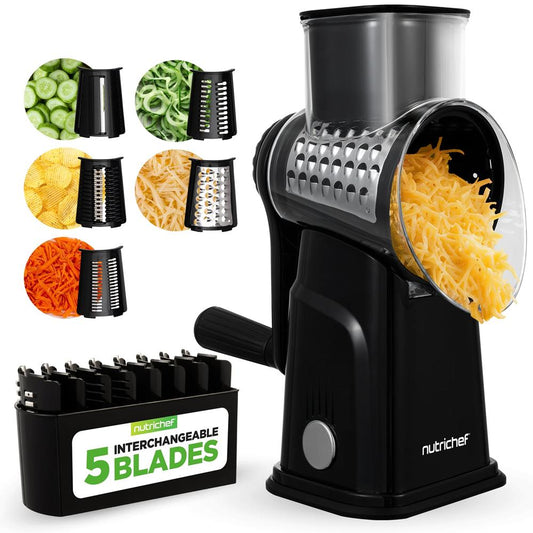 Rotary Cheese Grater With Handle And 5 Replaceable Blades - Kitchen Mandoline Vegetable Slicer And Cheese Shredder (Black) - NCCHS5BLDBK