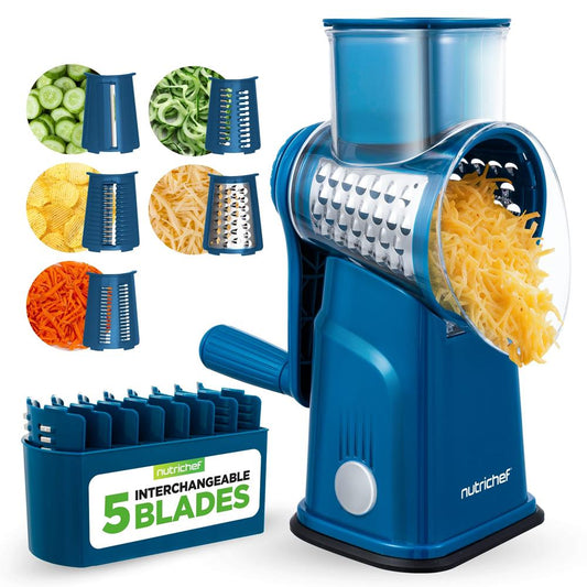 Rotary Cheese Grater With Handle And 5 Replaceable Blades - Kitchen Mandoline Vegetable Slicer And Cheese Shredder (Blue) - NCCHS5BLDBL