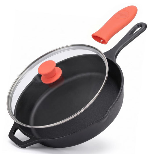 10 Cast Iron Skillet with Lid - Non-Stick Oven Safe Orange Handle - NCCI10