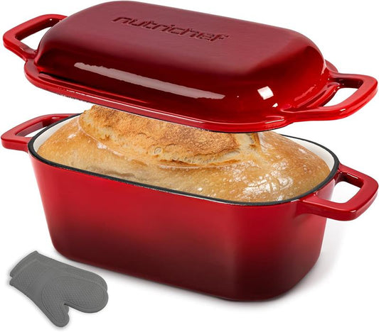 Nutrichef 3.6Qt Enamel-Coated Cast Iron Dutch Oven With Lid And Silicone Gloves Perfect For Baking Braising Roasting Stewing Slow Cooking And Frying (Red) - NCCIEDO3RD