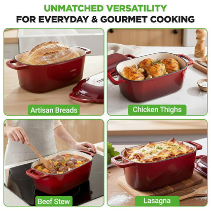 Nutrichef emaliowany żeliwny garnek holenderski 3.6Qt z pokrywką i silikonowymi rękawicami, idealny do pieczenia, duszenia, opiekania, gotowania na wolnym ogniu i smażenia (czerwony) – NCCIEDO3RD