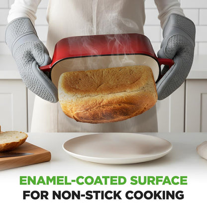 Nutrichef emaliowany żeliwny garnek holenderski 3.6Qt z pokrywką i silikonowymi rękawicami, idealny do pieczenia, duszenia, opiekania, gotowania na wolnym ogniu i smażenia (czerwony) – NCCIEDO3RD