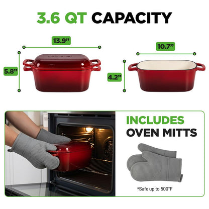 Nutrichef emaliowany żeliwny garnek holenderski 3.6Qt z pokrywką i silikonowymi rękawicami, idealny do pieczenia, duszenia, opiekania, gotowania na wolnym ogniu i smażenia (czerwony) – NCCIEDO3RD