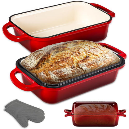 Nutrichef 9” × 5” smaltovaná liatinová forma na chlieb s pokrievkou, rukoväťami a silikónovými rukavicami, ideálna na pečenie chleba a kváskovanie (červená) – NCCIELF2RD