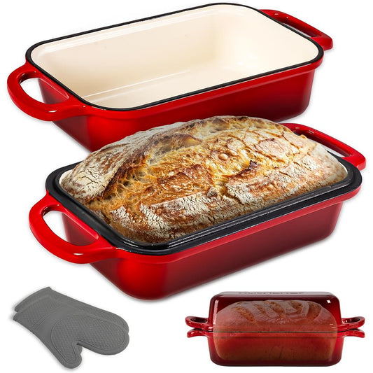 Nutrichef 9” X 5” Enamel-Coated Cast Iron Bread Loaf Pan With Lid Handles And Silicone Gloves Perfect For Baking Bread And Sourdough Making (Red) - NCCIELF2RD