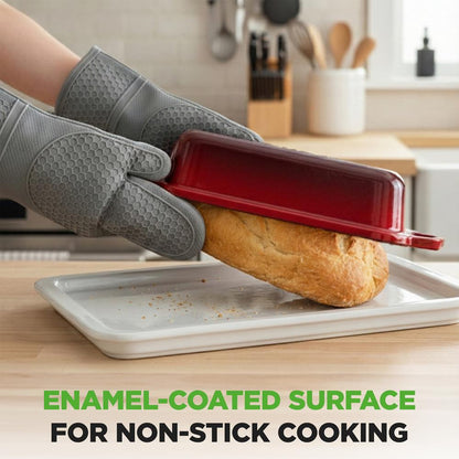 Nutrichef 9” × 5” smaltovaná liatinová forma na chlieb s pokrievkou, rukoväťami a silikónovými rukavicami, ideálna na pečenie chleba a kváskovanie (červená) – NCCIELF2RD