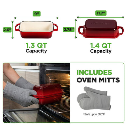 Nutrichef 9” × 5” smaltovaná liatinová forma na chlieb s pokrievkou, rukoväťami a silikónovými rukavicami, ideálna na pečenie chleba a kváskovanie (červená) – NCCIELF2RD