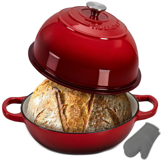 Nutrichef 10.2” Enamel-Coated Cast Iron Dome-Shaped Bread Pan With Lid Handles And Silicone Gloves Perfect For Baking Braising Roasting And Stewing (Red) - NCCIERD6RD