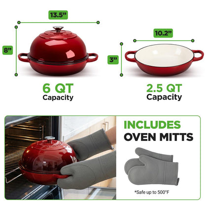 Nutrichef θολωτή φόρμα ψωμιού 10.2” από χυτοσίδηρο με εμαγιέ επίστρωση, καπάκι, λαβές και γάντια σιλικόνης, ιδανική για ψήσιμο, μπρεζάρισμα, ψήσιμο στον φούρνο και σιγομαγείρεμα (Κόκκινο) - NCCIERD6RD