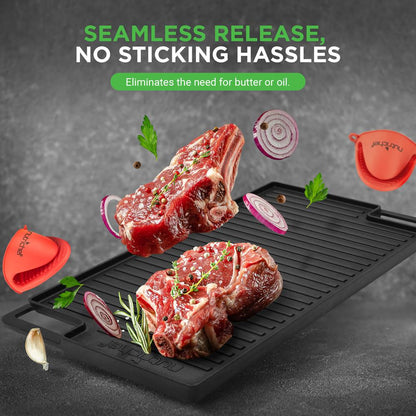 Vendbar grillpande i støbejern med jævn varmefordeling, 18" med flad og rillet side, inklusive grillhandske – NCCIRG59