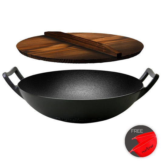 Żeliwny wok 5.8 QT, równomierne nagrzewanie, wstępnie wypalony, z drewnianą pokrywką – NCCIWOK60