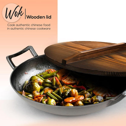 Wok en fonte de 5.8 Qt, chauffe uniforme, prétraité, avec couvercle en bois – NCCIWOK60