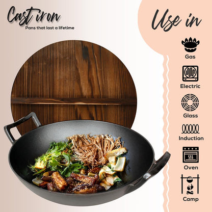 Wok en fonte de 5.8 Qt, chauffe uniforme, prétraité, avec couvercle en bois – NCCIWOK60