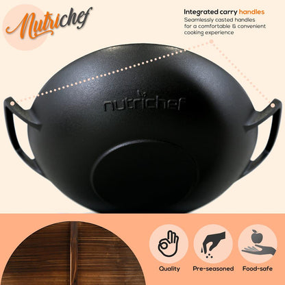 Wok en fonte de 5.8 Qt, chauffe uniforme, prétraité, avec couvercle en bois – NCCIWOK60
