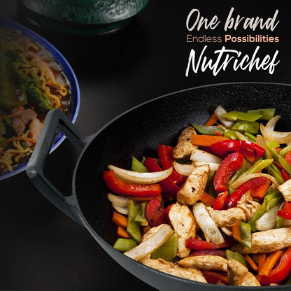Wok en fonte de 5.8 Qt, chauffe uniforme, prétraité, avec couvercle en bois – NCCIWOK60