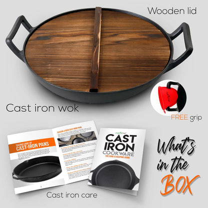 Wok en fonte de 5.8 Qt, chauffe uniforme, prétraité, avec couvercle en bois – NCCIWOK60
