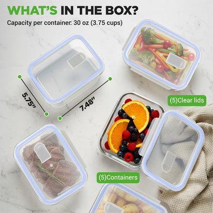 Conjunto de recipientes de vidro para alimentos, 10 peças, hermético, com tampas azuis de borossilicato — NCCLX5B7