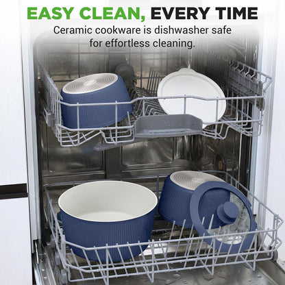 18dílná stylová sada kuchyňského nádobí – keramické nepřilnavé hrnce a pánve s odnímatelnými rukojeťmi (modrá) – NCCS18DTHBL