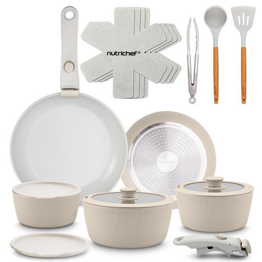 18-Piece Stylish Kitchen Cookware Set - Ceramic Nonstick Pots & Pans With Detachable Handles (Cream) - NCCS18DTHCR