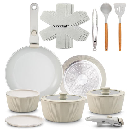 Stylowy 18-elementowy zestaw naczyń kuchennych – ceramiczne garnki i patelnie z powłoką nieprzywierającą oraz odłączanymi rączkami (zielony) – NCCS18DTHGN